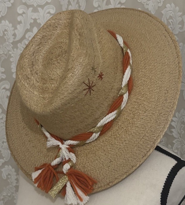 Baldiz Straw Fedora Wide Brim Hat Beige/Orange/White Tassel Accent, One Size