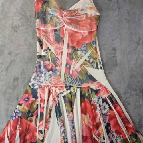Womens M Floral Handkerchief Hem SpaghettiStrap RuchedDress Summercore Fairy