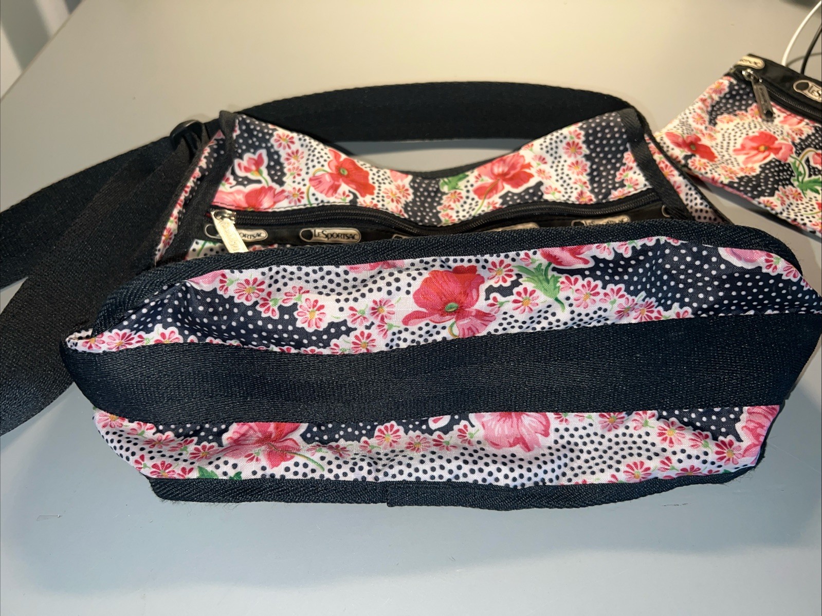 LeSportsac handbag + pouch Pink flowers & polka dots Canvas 9 x 11 x 5 Inches