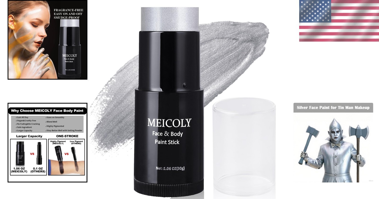 Complete Your Halloween Look with 1.06 Oz Silver Face Paint Stick – SFX Ready!