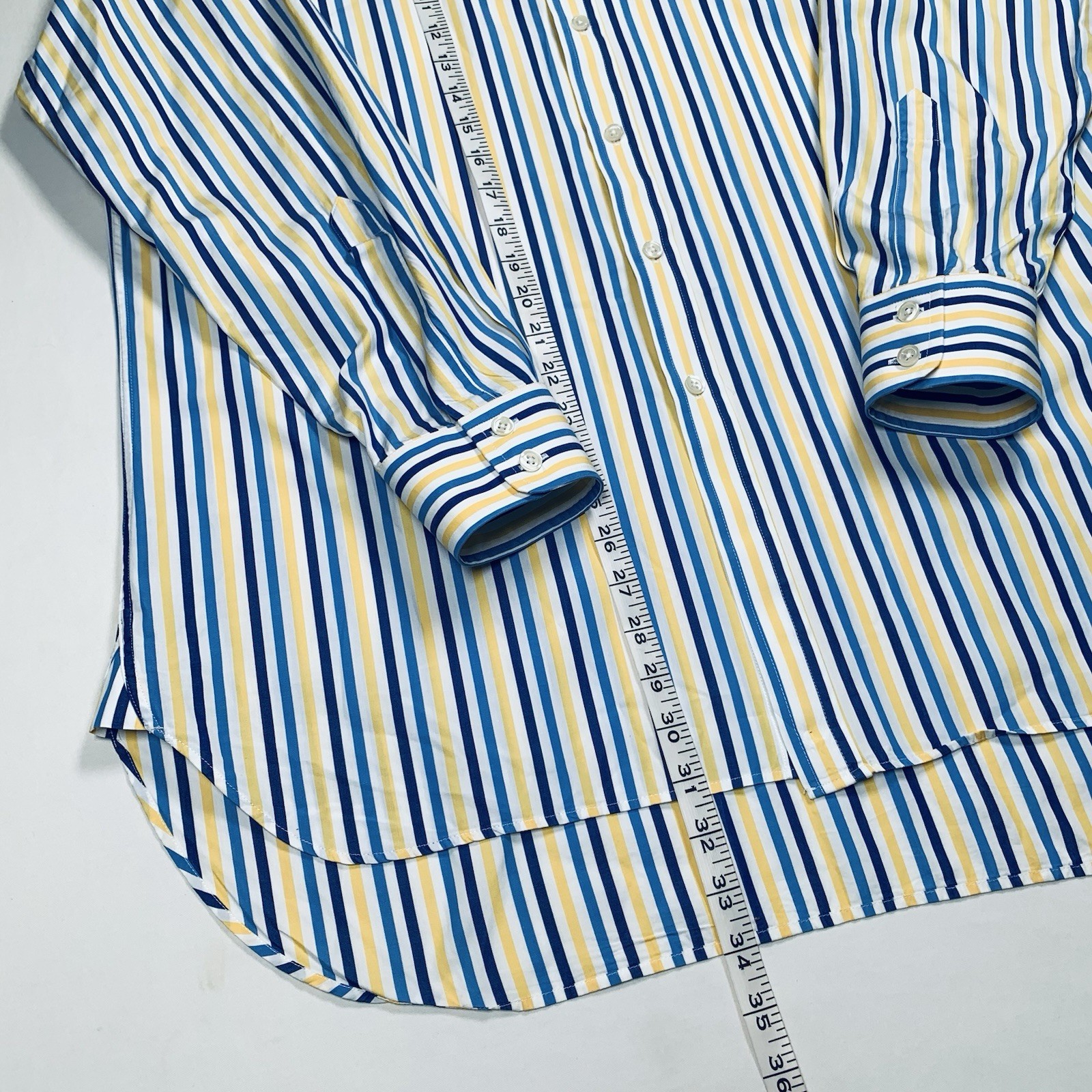 Charles Tyrwhitt Shirt Men 16.5 34 Blue Yellow Striped Poplin LS Dress Button Up