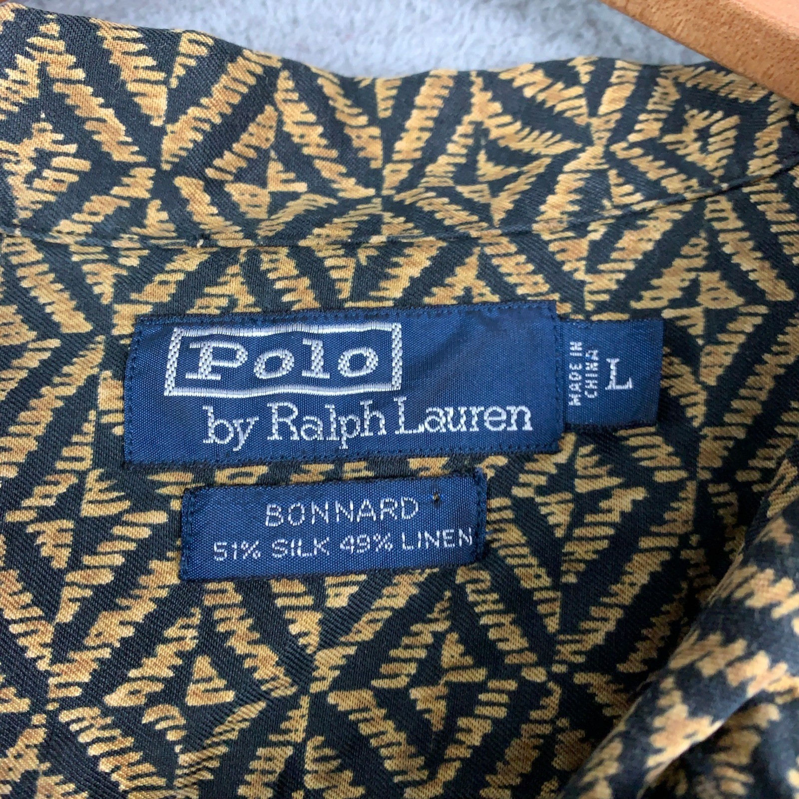 Polo Ralph Lauren Bonnard Shirt Mens Large Gold Silk Linen Geometric Camp Collar