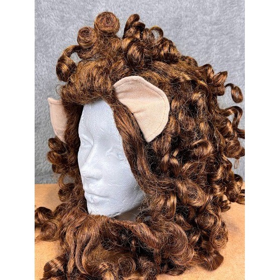 Brown Curly Lion Costume Wig with Ears and Beard Synthetic Fiber Adjustable Cap