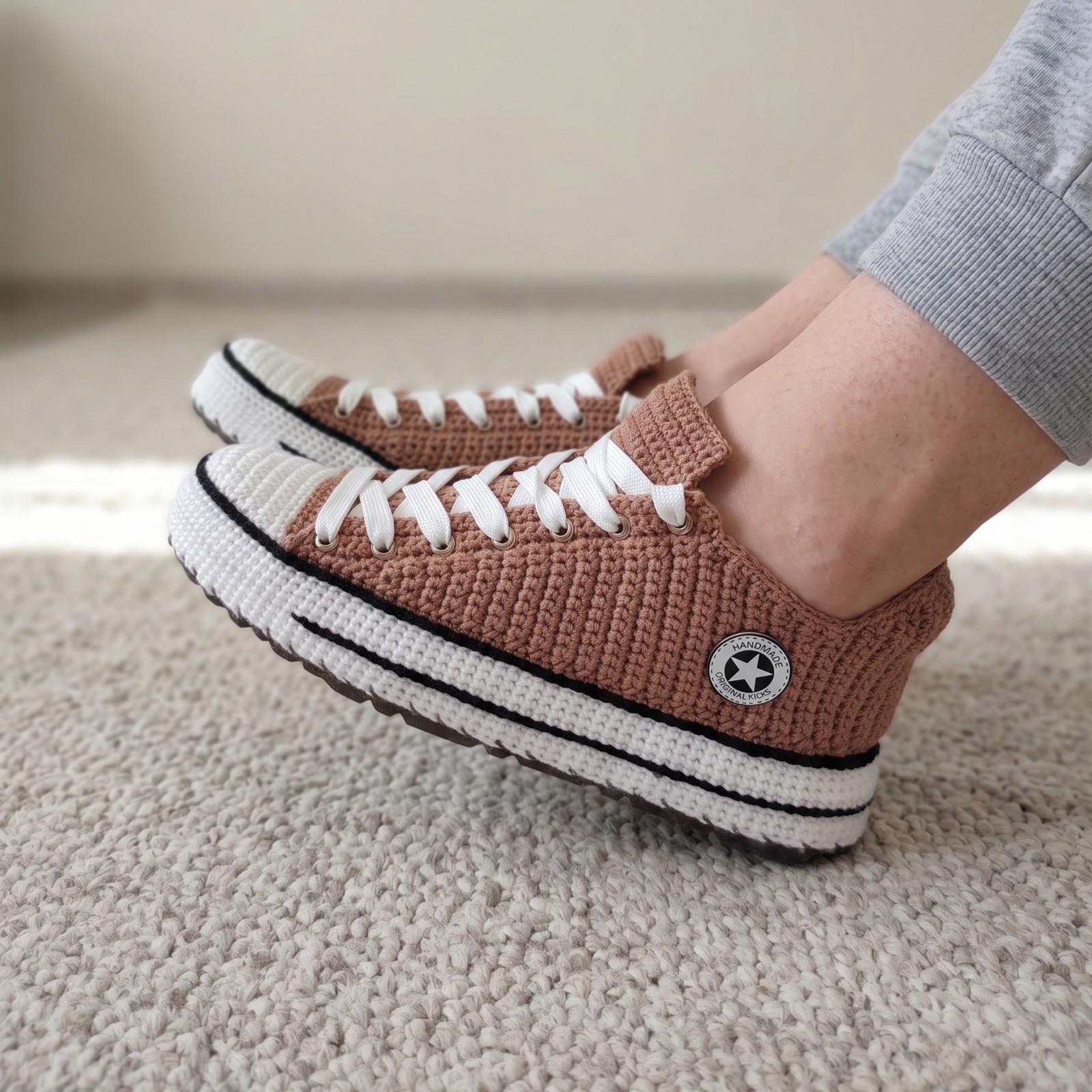 Brown Crochet Kicks Adult Sneaker Slippers EVA Sole House Sneakerhead Shoes Gift