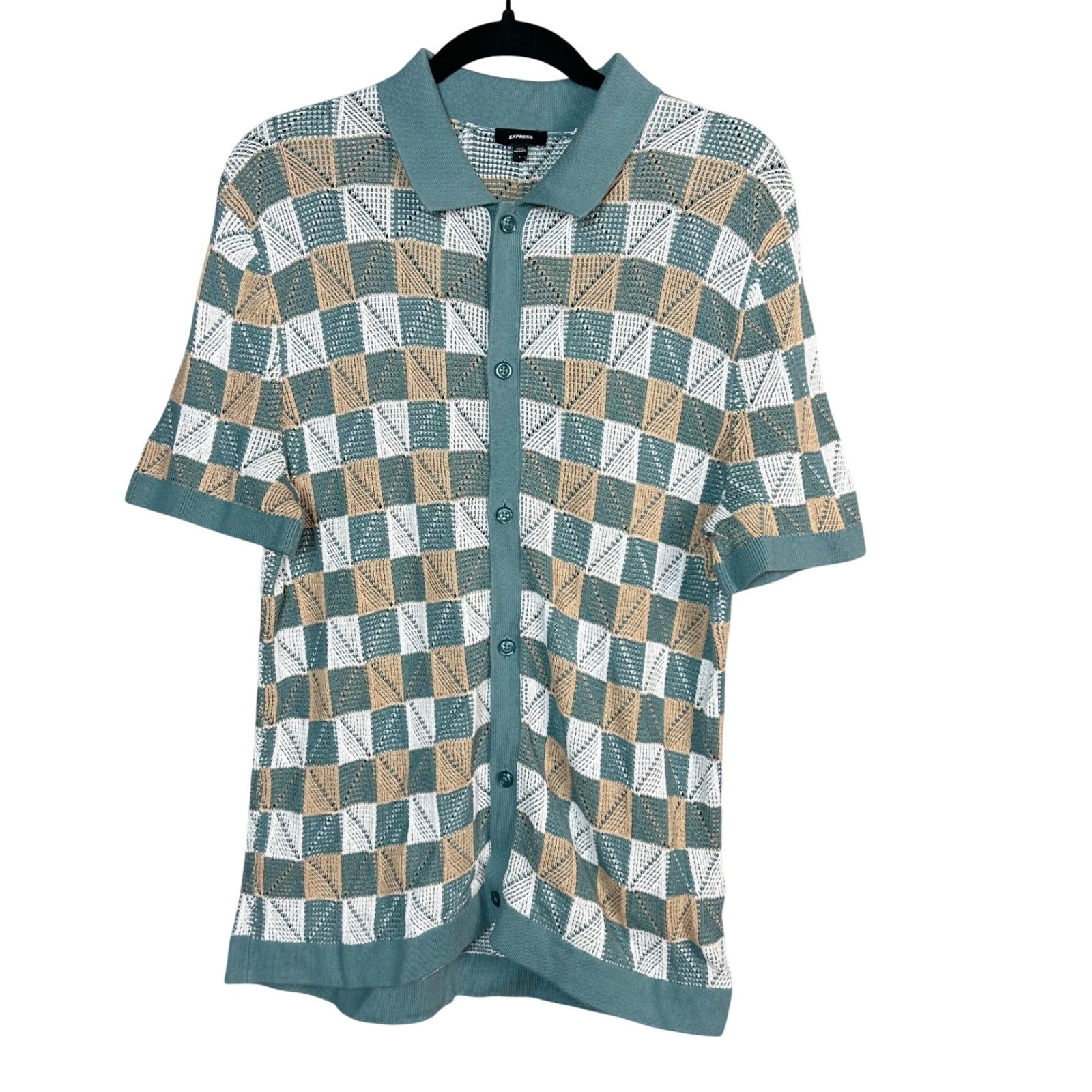 EXPRESS Cotton Knit Polo Mens Large Geo Check Shirt Button Down MCM Bowling
