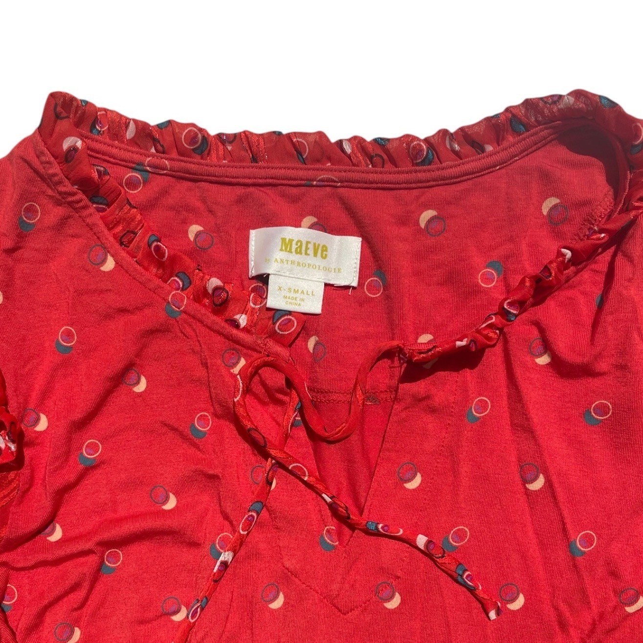 Maeve Anthropologie Red Polka Dot Ruffle Tie Neck Balloon Sleeve Blouse XS