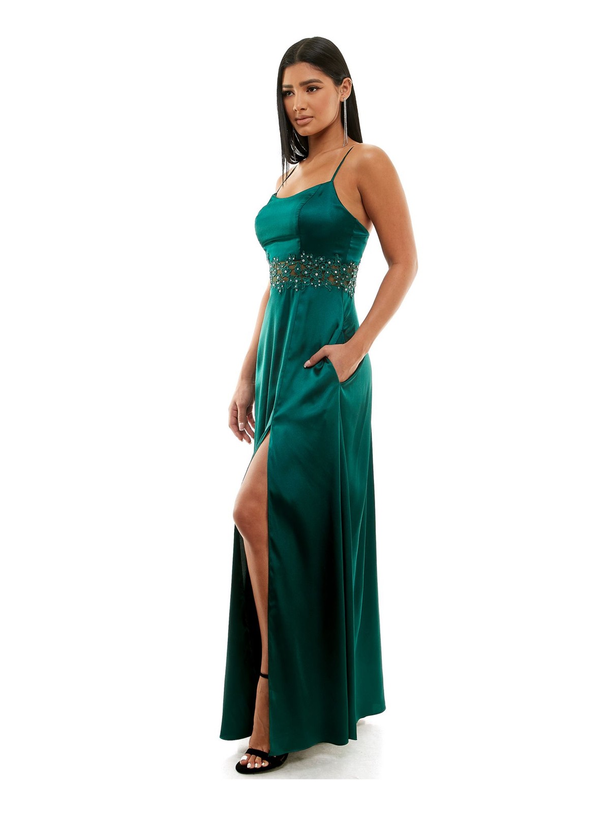 CITY STUDIO Womens Dress Green Mesh Inset Waist High-slit Lined Juniors 56