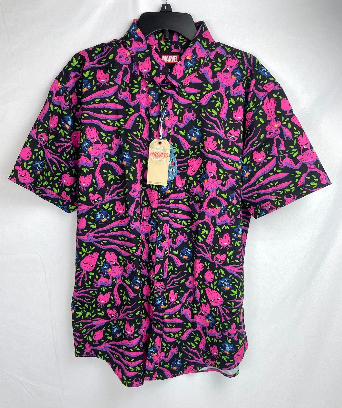 RSVLTS Men Marvel Guardians Galaxy Black Pink We Groot Short Sleeve Button Shirt