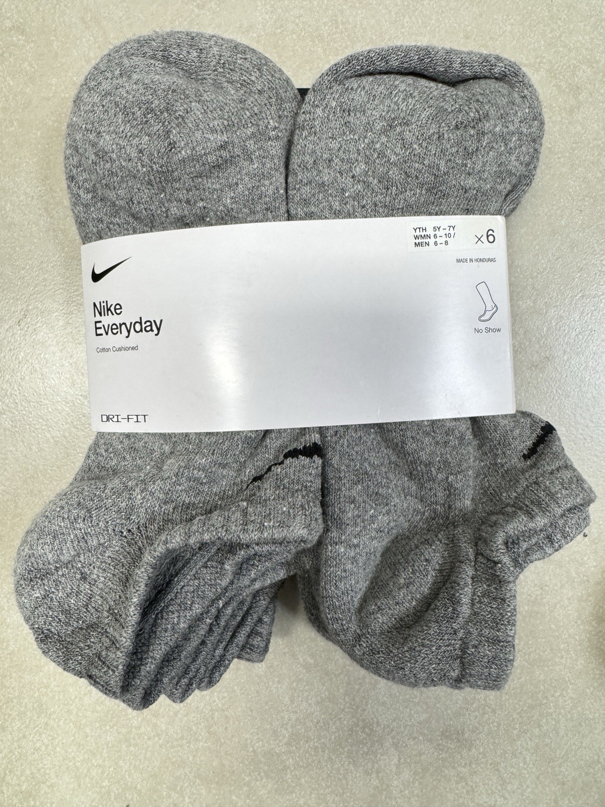 NEW 6 PAIR NIKE NO SHOW DRI-FIT EVERYDAY GREY/BLACK SIZE M 6-8