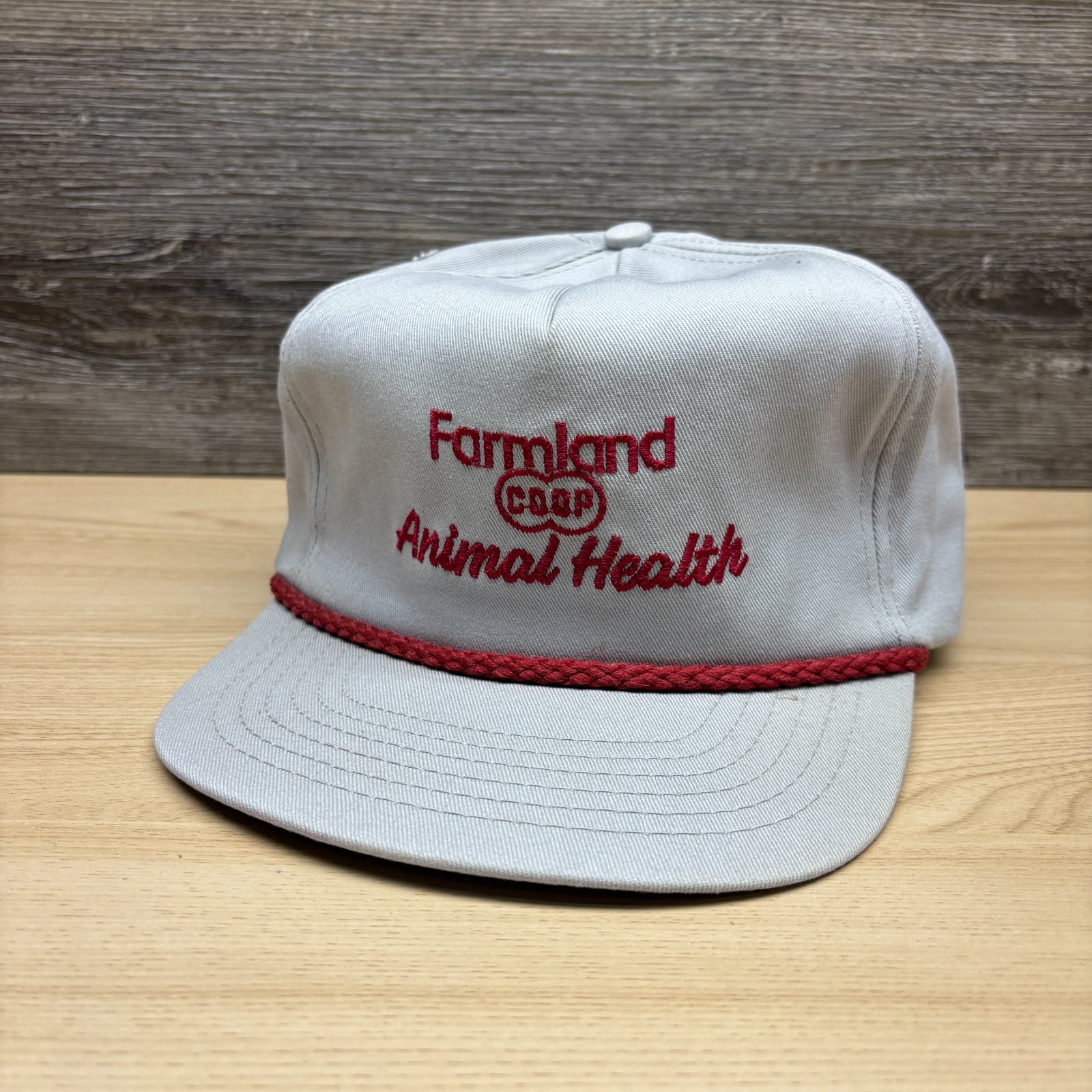 Vintage Farmland COOP Hat Cap Strap Back Gray Red Rope Animal Health Advertising