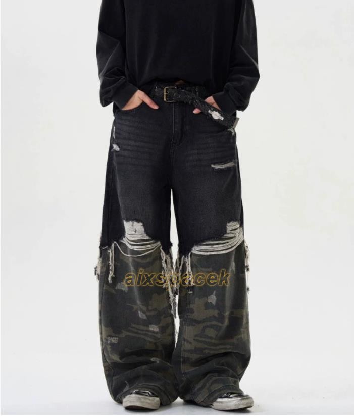 Men Black Camouflage Mixed Denim Jeans Straight Leg Casual Punk Hip Hop Trousers