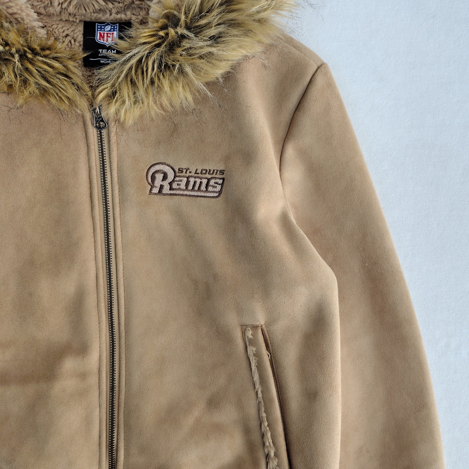 NFL St. Louis Rams Faux Suede Shearling Hooded Jacket Tan Women M