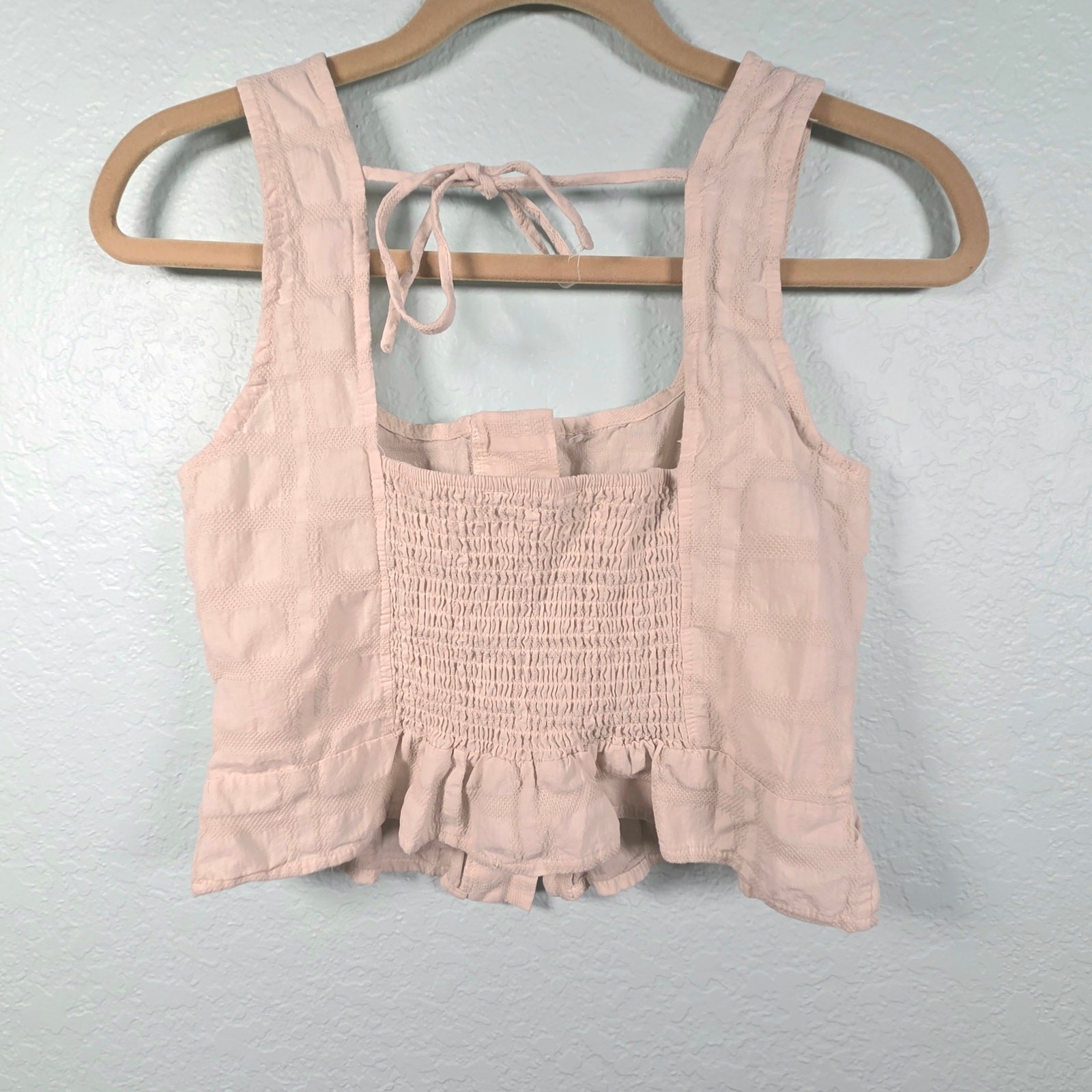 Kirious Crop Top Sz M Ruffled Ruched Crochet Tie Back Cottagecore Boho Beige