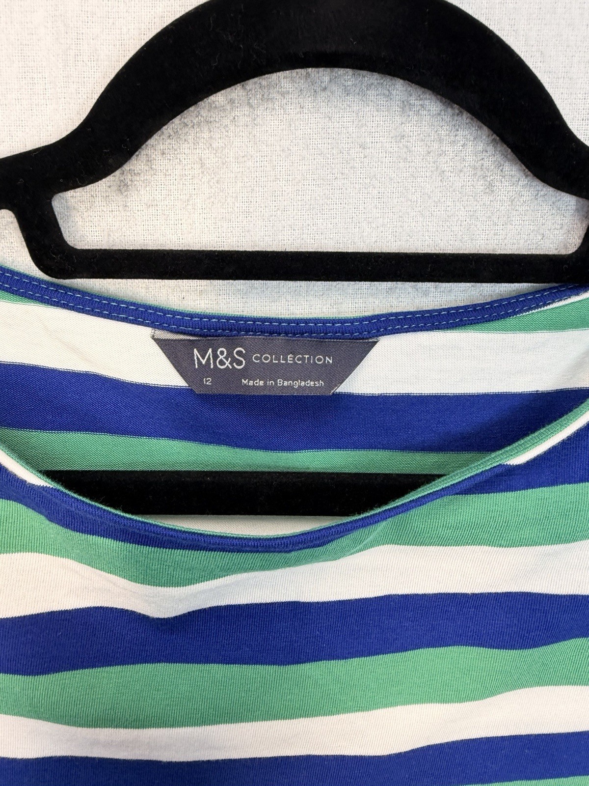 M&S Collection Striped Top UK 12 Blue Green White 3/4 Sleeve Stretch Jersey