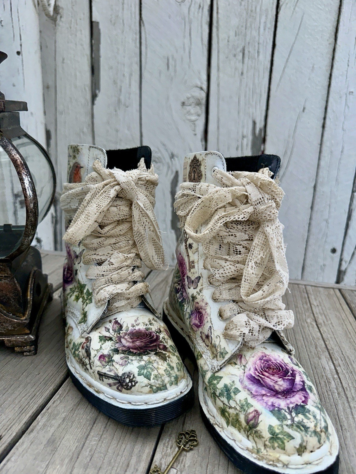 Women’s Floral Lace-Up Ankle Combat Boots Leather Round Toe Beige/Purple 6