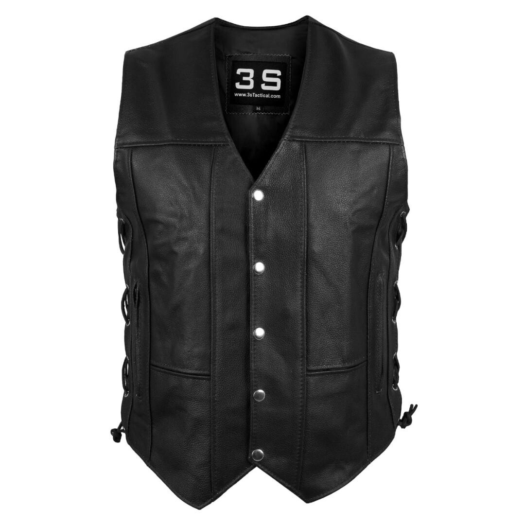 Mens Genuine Leather 10 Pockets Motorcycle Biker Vest Laces Black Brown All Size