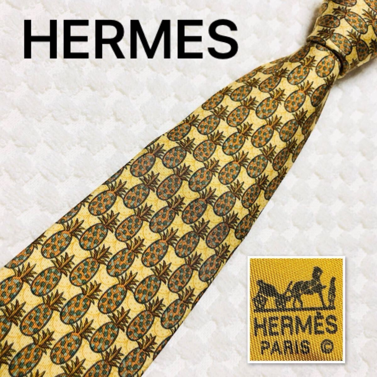 Excellent condition HERMES Tie Pineapple All over pattern 100 Silk Made in Franc