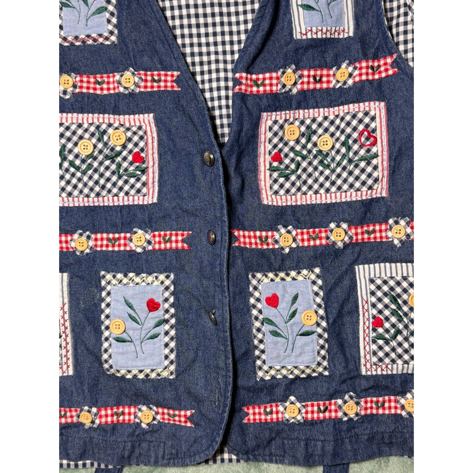 Vintage Napa Valley Denim Gingham Patchwork Floral Embroidered Vest Womens Large