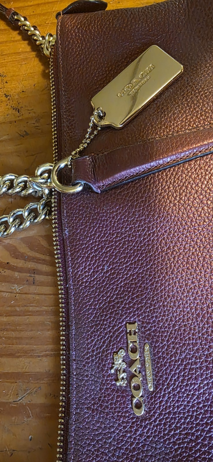 Coach F22208 Ava Cherry Pebbled Metallic Leather Gold Chain Tote Zipper