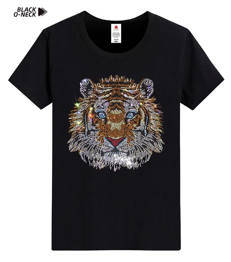 New Fashion Tiger Rhinestones Summer Short Sleeve Luxury Men Designer T-Shirt