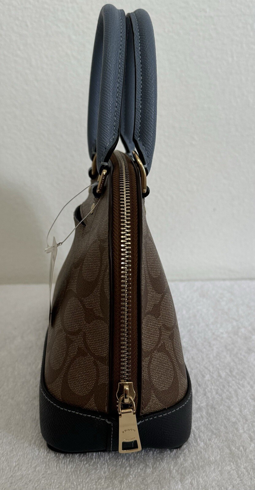 COACH Mini Sierra Satchel Logo Khaki /Midnight Pool / Brown Leather Bag $295 NEW