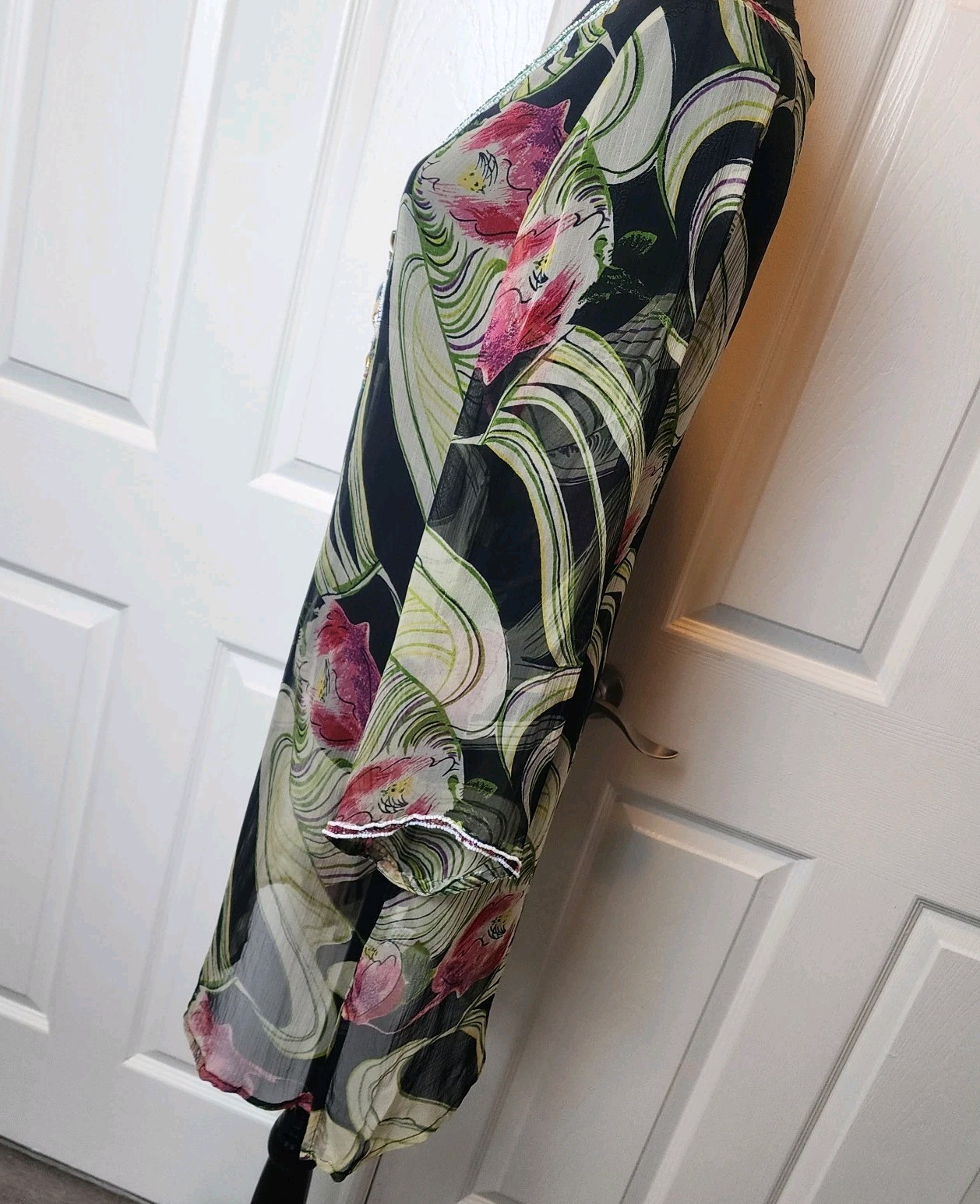 S Embellished Sequin Sheer Cover Up Dress Top Black Floral Resort Cruise Beach