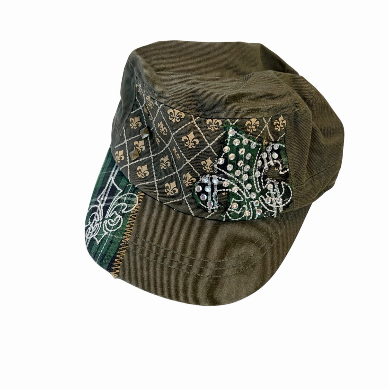 KBethos Green Fleur De Lis Embellished Cadet Hat Sequin Bead Adjustable Cap