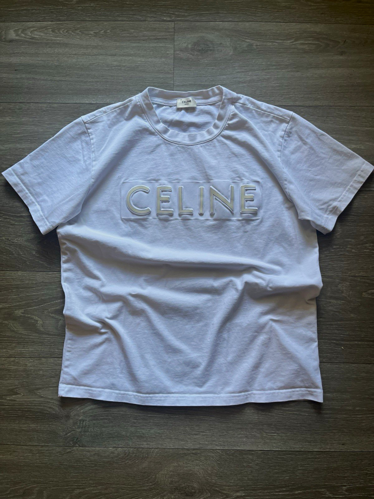 CELINE Paris Logo T-Shirt Men’s M White Cotton Crew Neck Short Sleeve