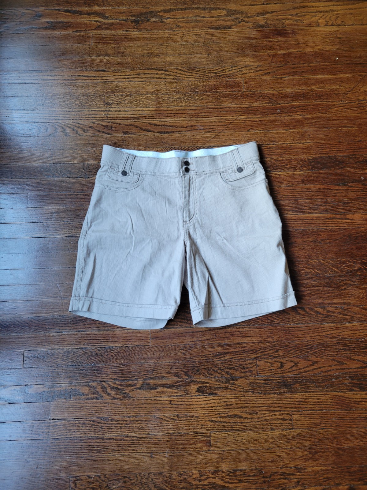 Lee Womens Walk Shorts Beige Stripe Stretch High Rise Comfort Waistband Size 8 M