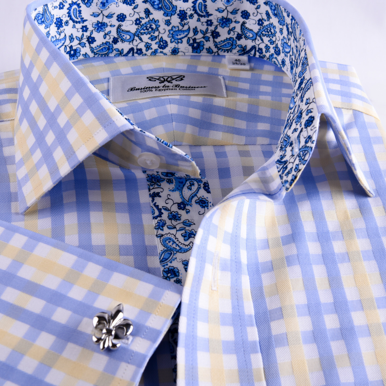 Mens Blue & Yellow Check Formal Business Dress Shirt Italian Floral Paisley Boss