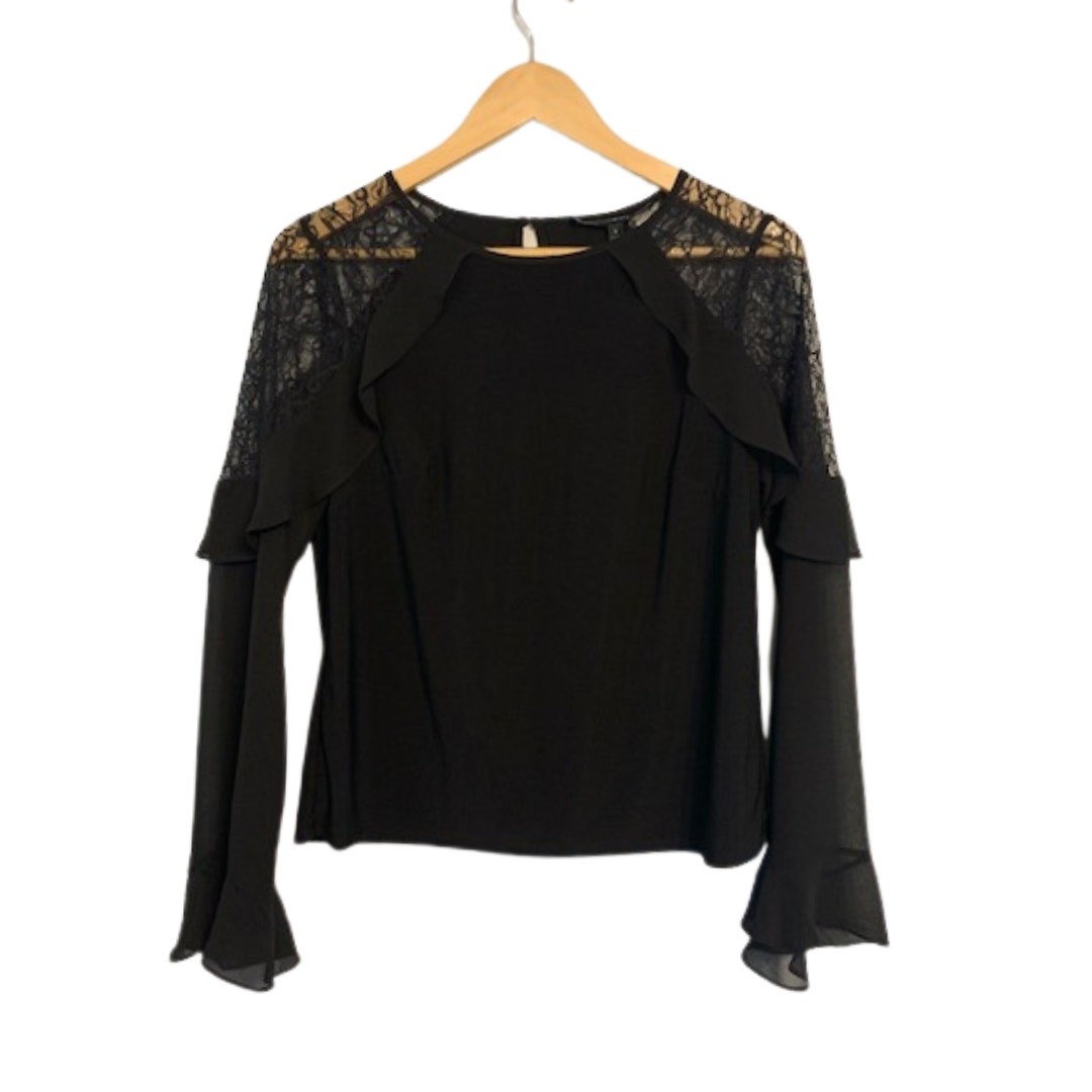 NWT WHBM Flare Sleeve Lace Bell Sleeve Black Top | S