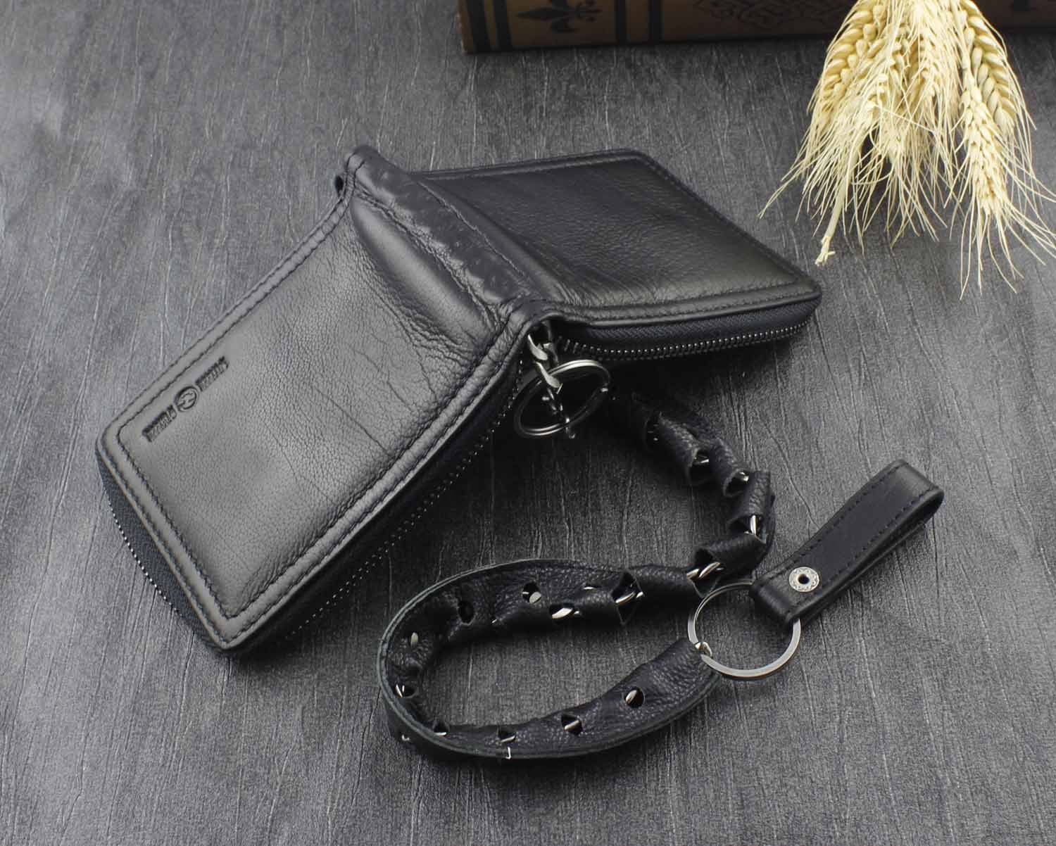 Wallet for Men Sheep Leather Zipper Card Biker Wallet With Safe Chain Black