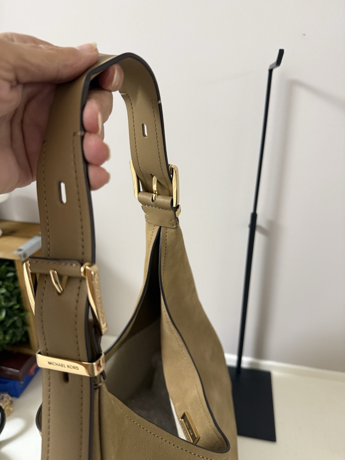 Michael Kors Tan Suede Shoulder Bag, Gold Hardware, Buckle, Detachable Strap