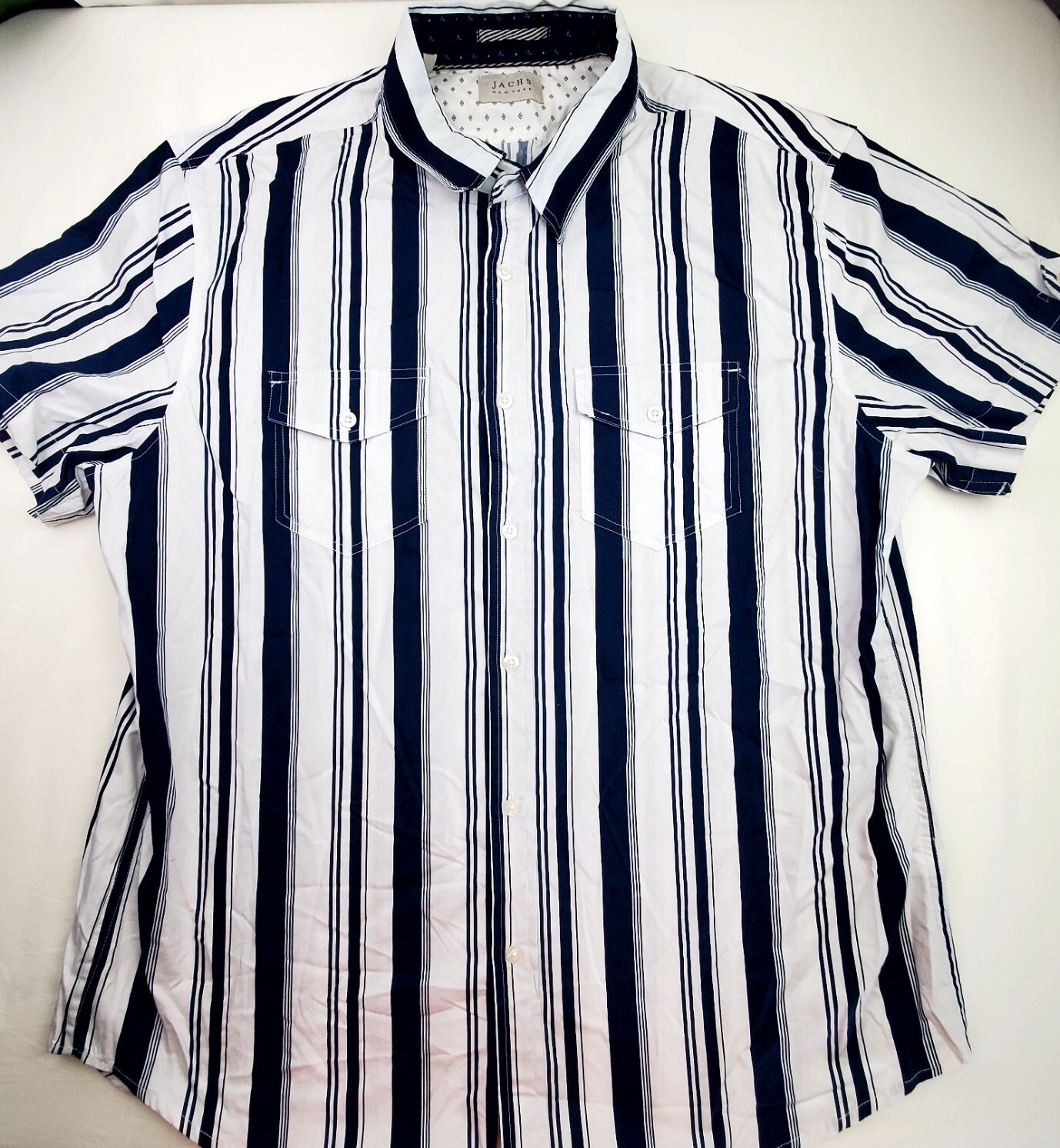 Jachs New York Mens XL Shirt Short Sleeve Navy Blue Striped Pit To Pit 24in