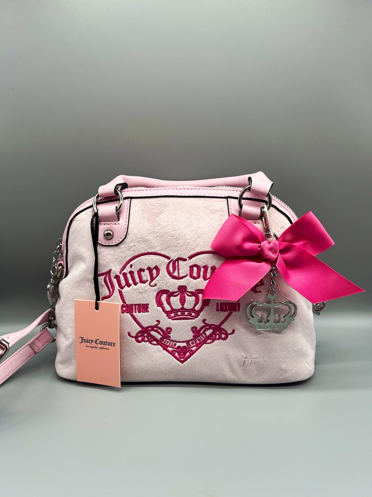 Juicy Couture Pink Logo Satchel Zip Top Handle Det Strap Chain Crown Charm