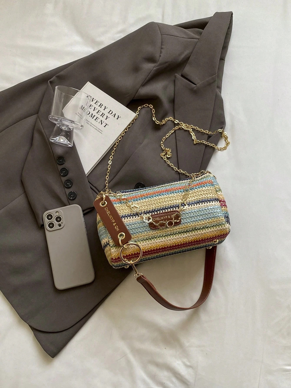 New Spring Summer Contrast Striped Woven Straw Shoulder Bag, Fashion Letter
