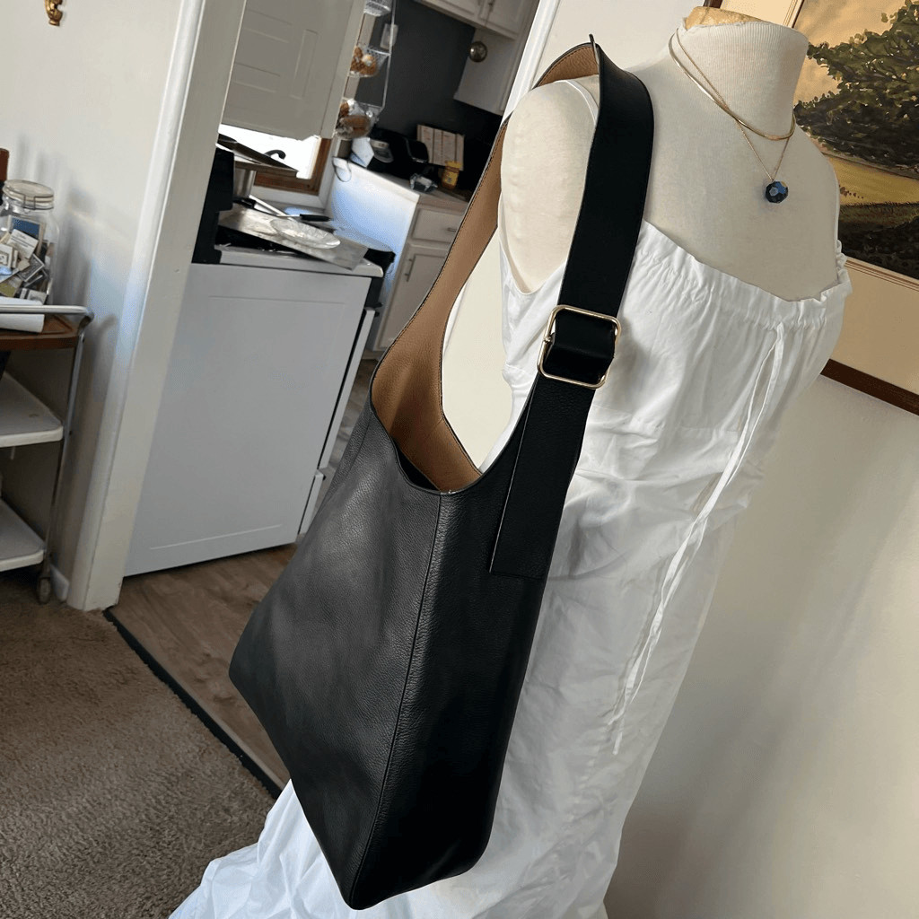 COS Black Curved Leather Tote Adjustable Strap Minimalist Shoulder Bag