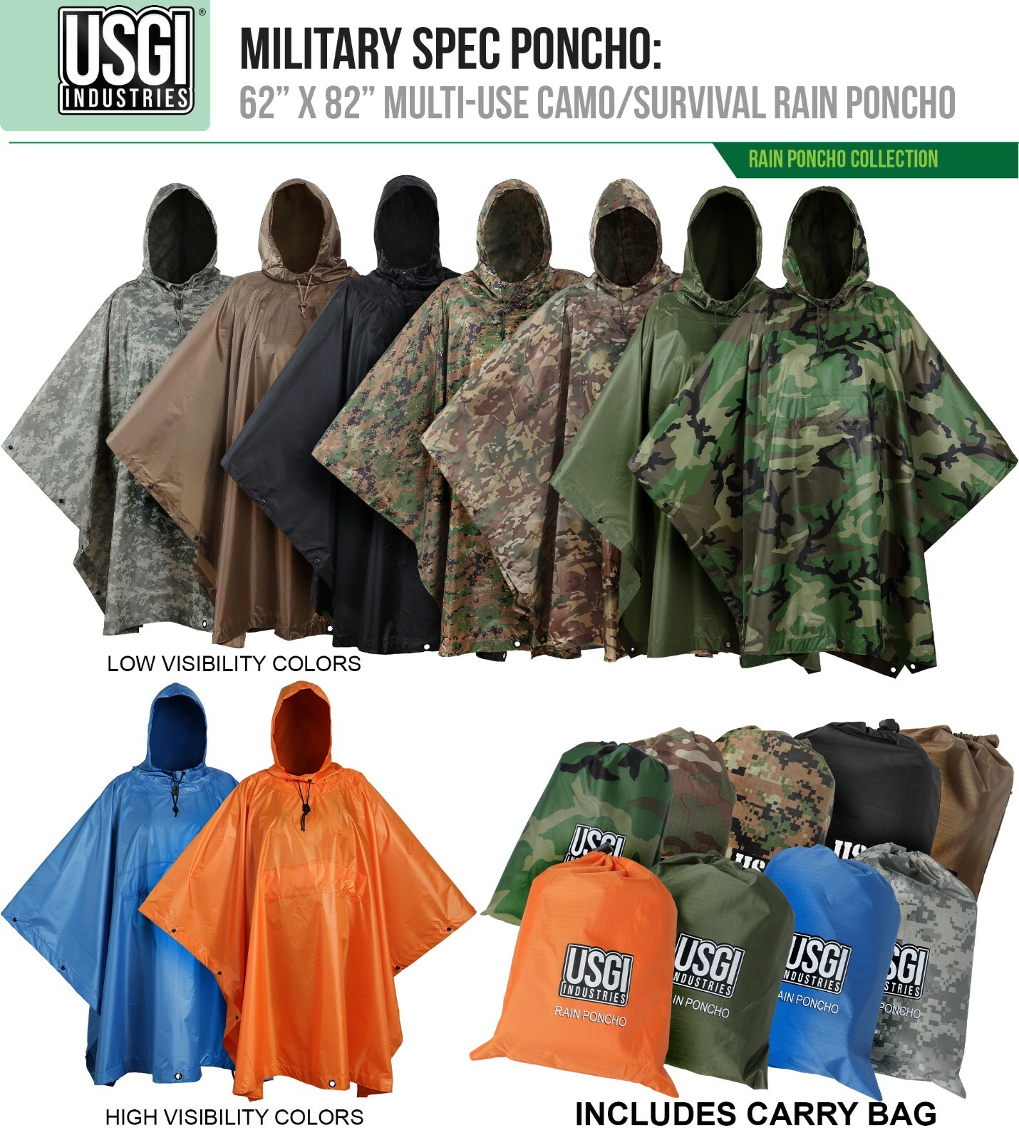 USGI Industries Military Style Multi-Use Rip Stop Rain Poncho (Colors Available)