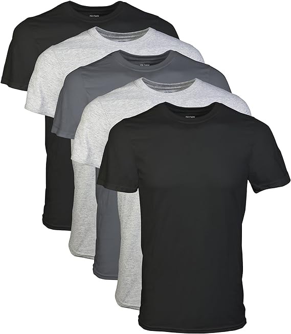 Gildan Men’s Crew Neck T-Shirts Multipack G1100 Black Grey Cotton Tee 5 Pack