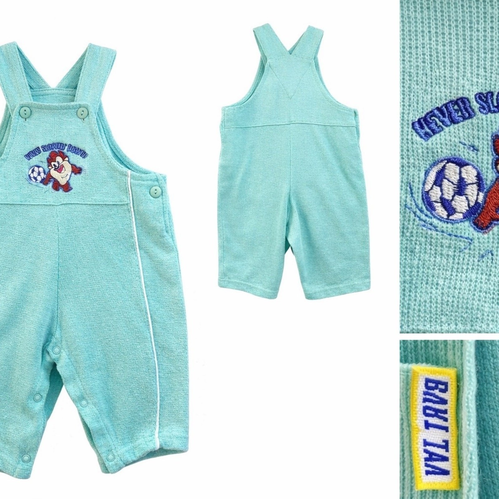 Looney Tunes Baby Taz Soccer Overalls Baby 3-6M Teal Excellent Vintage Rare HTF