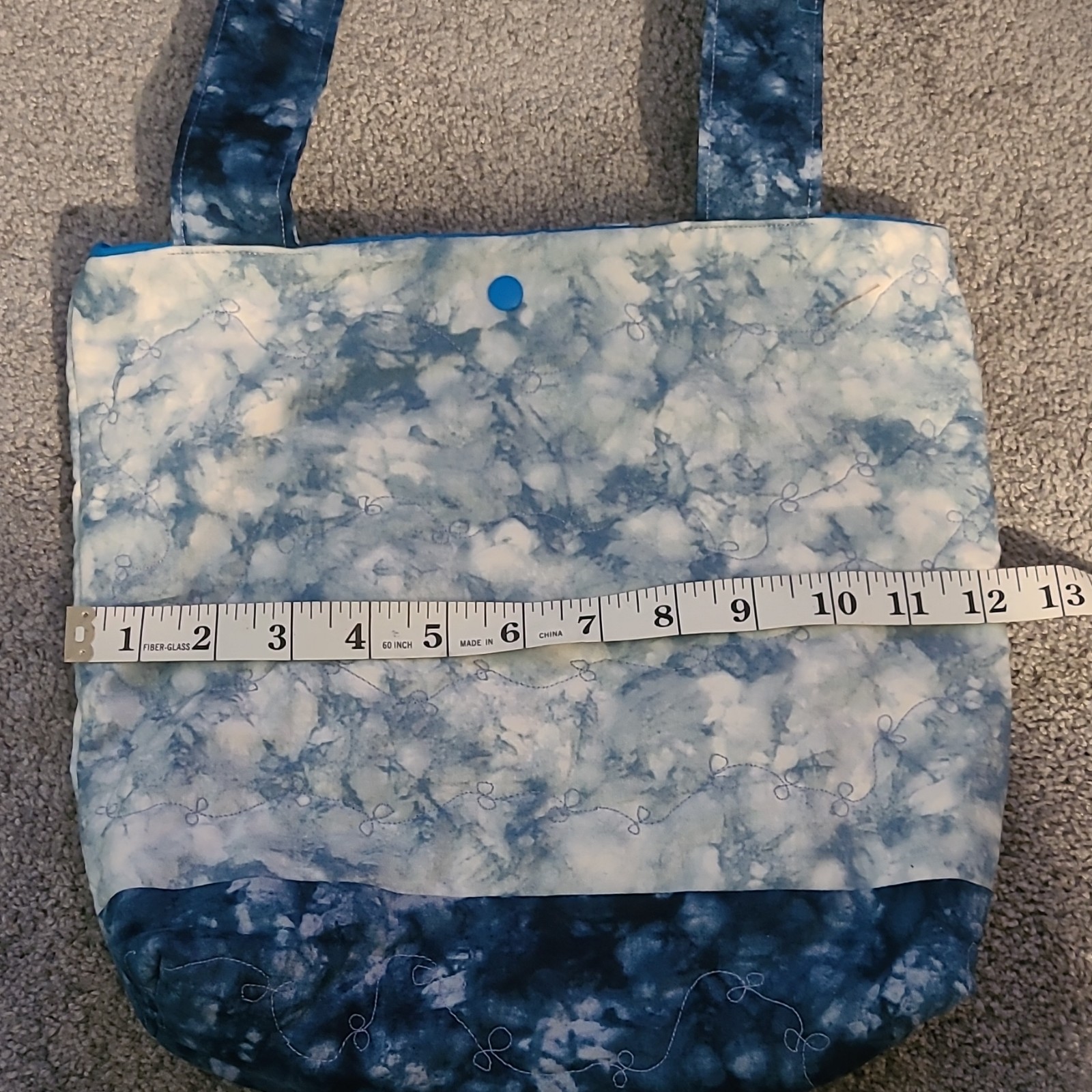 Blue White Marble Tote Bag, Quilted, Snap Closure, Pockets, Blue Lined