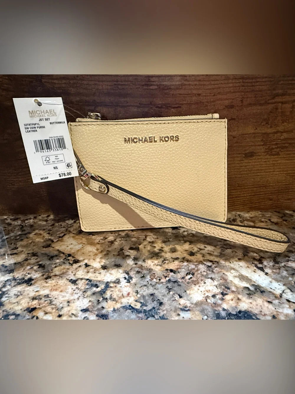 Michael Kors Buttermilk Pebbled Leather Wristlet with Gold Hardware