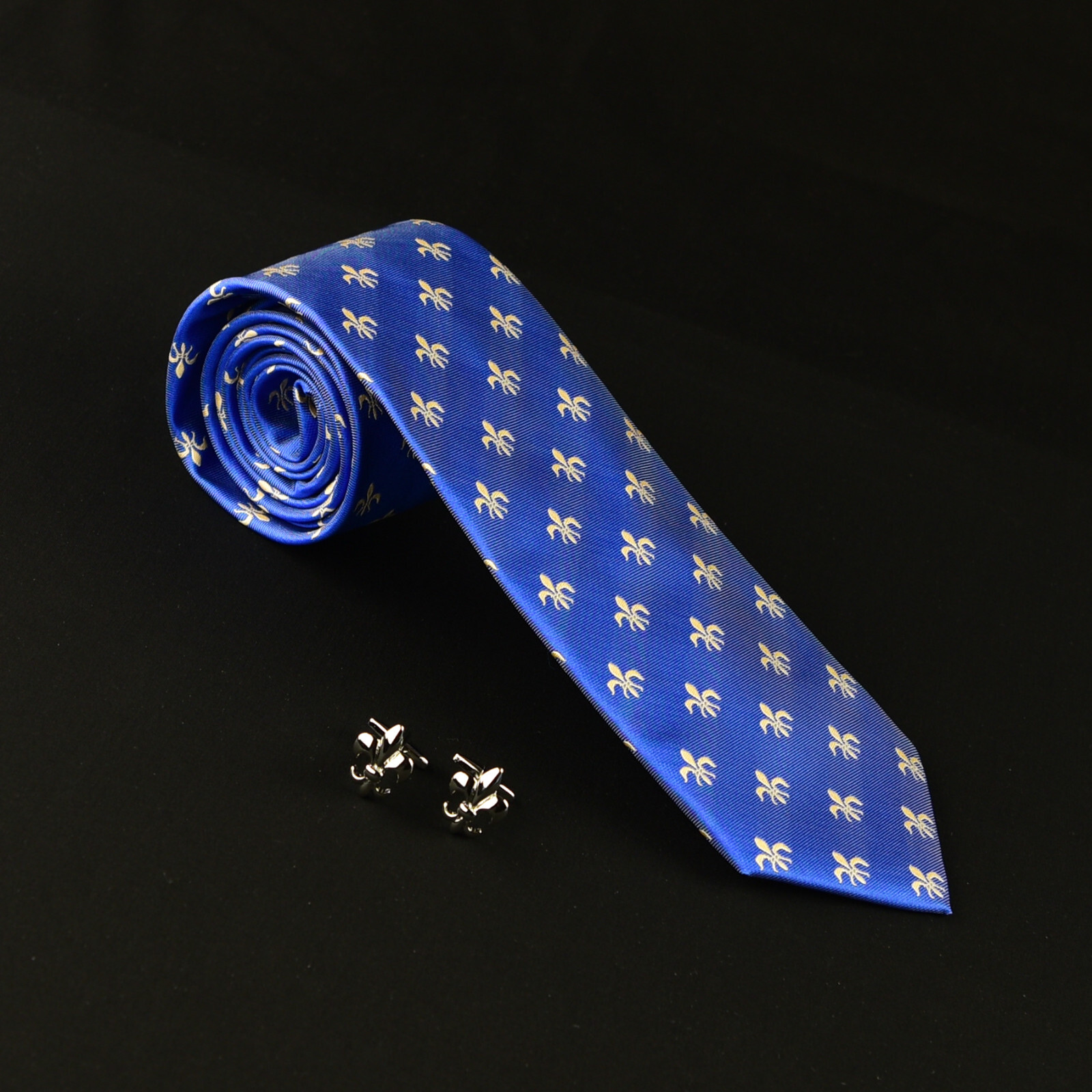 Blue & Yellow 3.15″ Wide Tie 8 cm Necktie With A Pair Fleur-de-lis Cufflinks