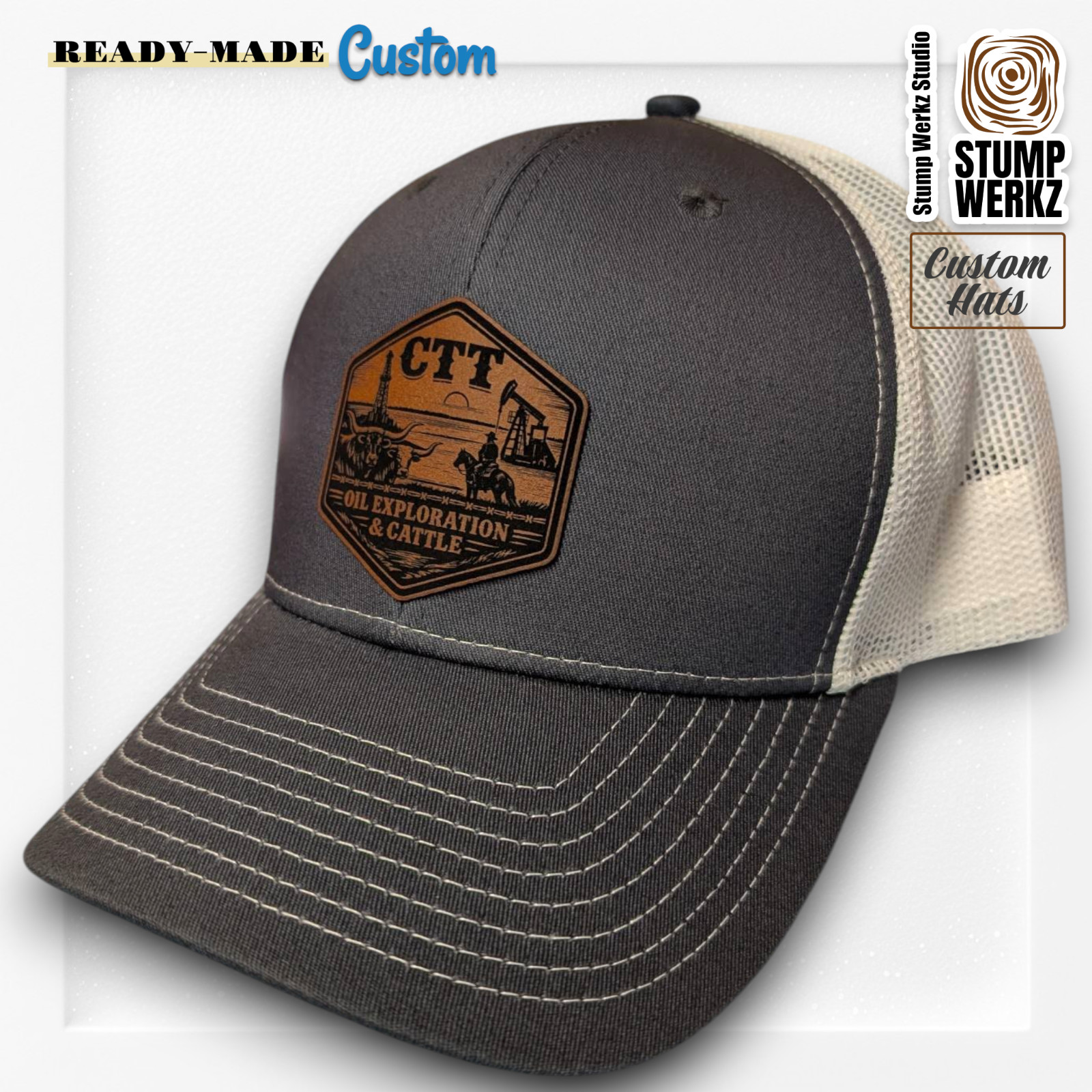 Custom Hat Trucker Baseball Cap Leather Patch CTT Oil Exploration & Cattle Texas