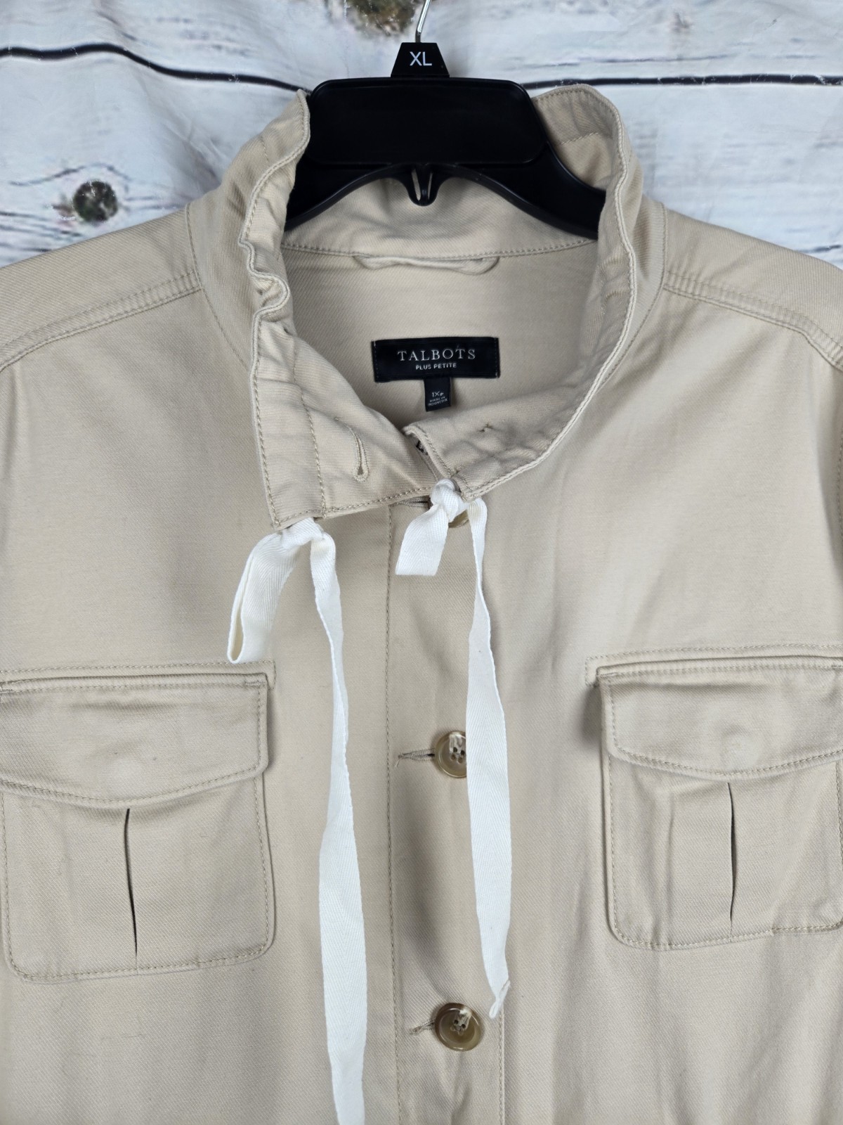 Talbots Utility Safari Tan Jacket 1XP Tie Drawstring Cargo Cotton Blend Womens
