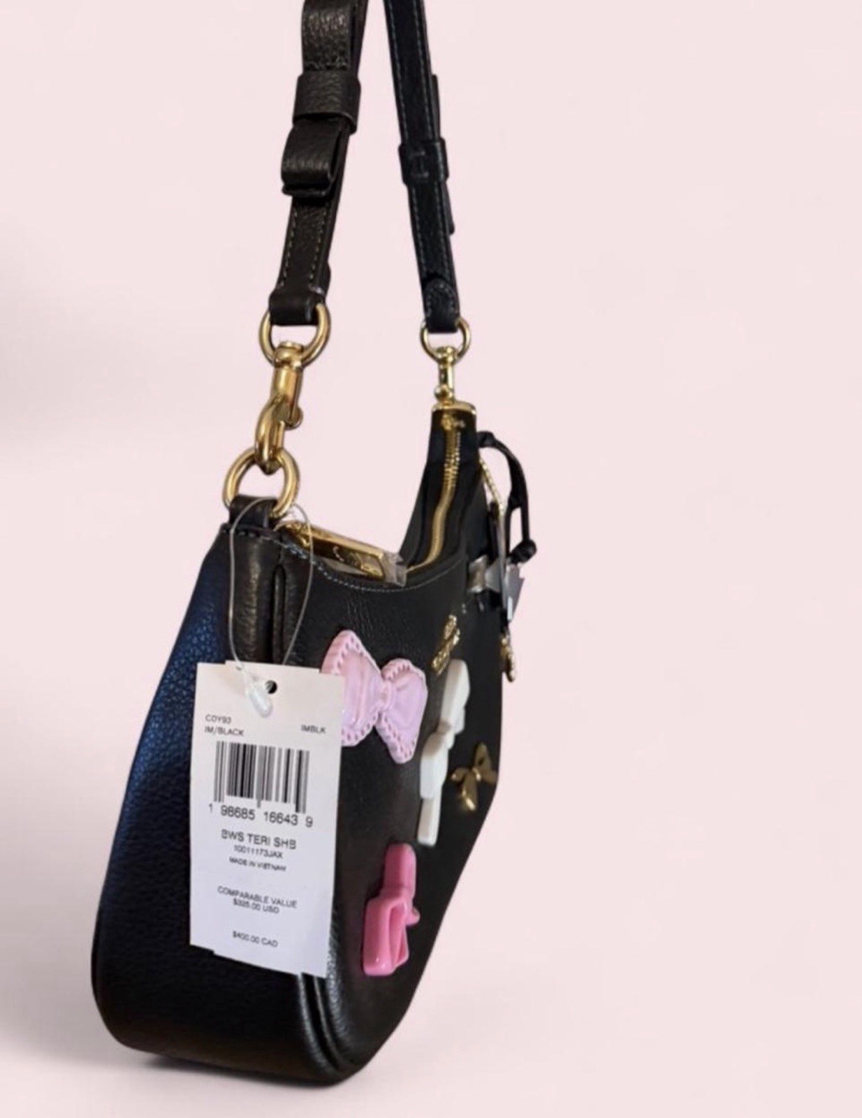 NWT COACH CDY93 Teri Shoulder Bag With Bows And Charms Pebble Leather Black
