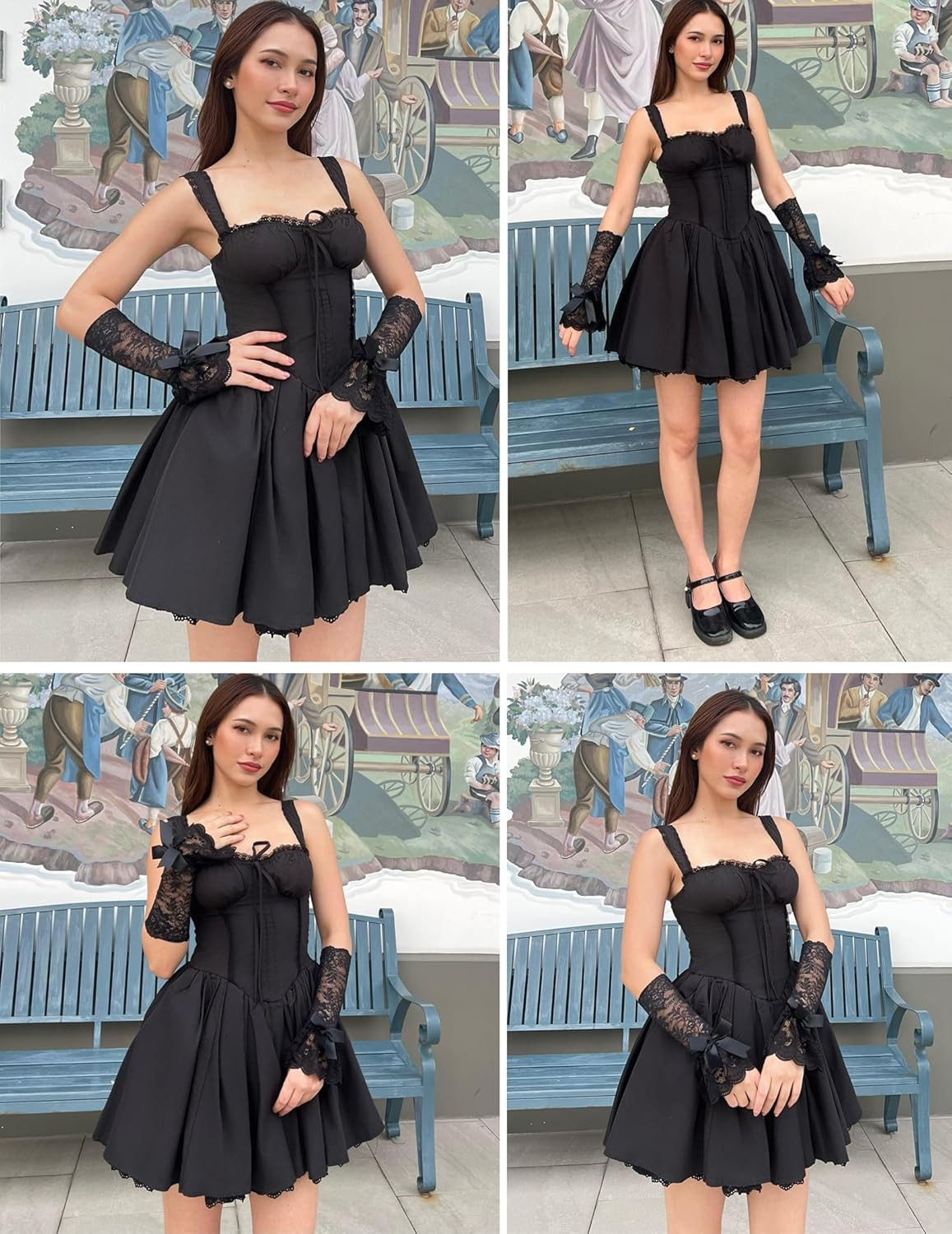 Women Ruffle Bow Lace Gloves Fingerless Mid Elbow Sleeve Costume Wedding Opera T