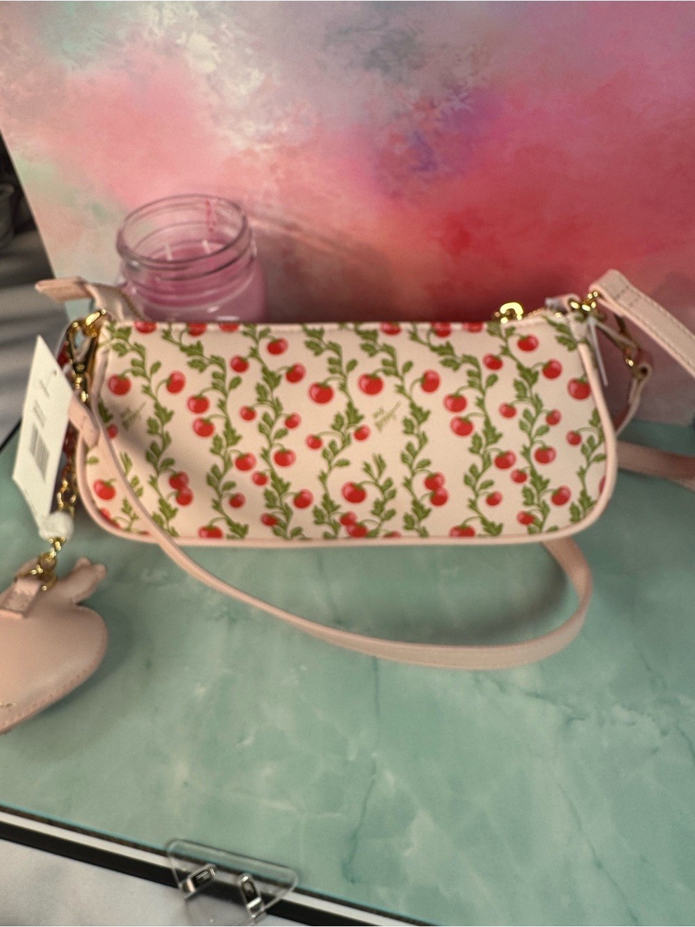 Betsy Johnson Cherry Print Shoulder Bag Heart Charm Pink Purse NWT