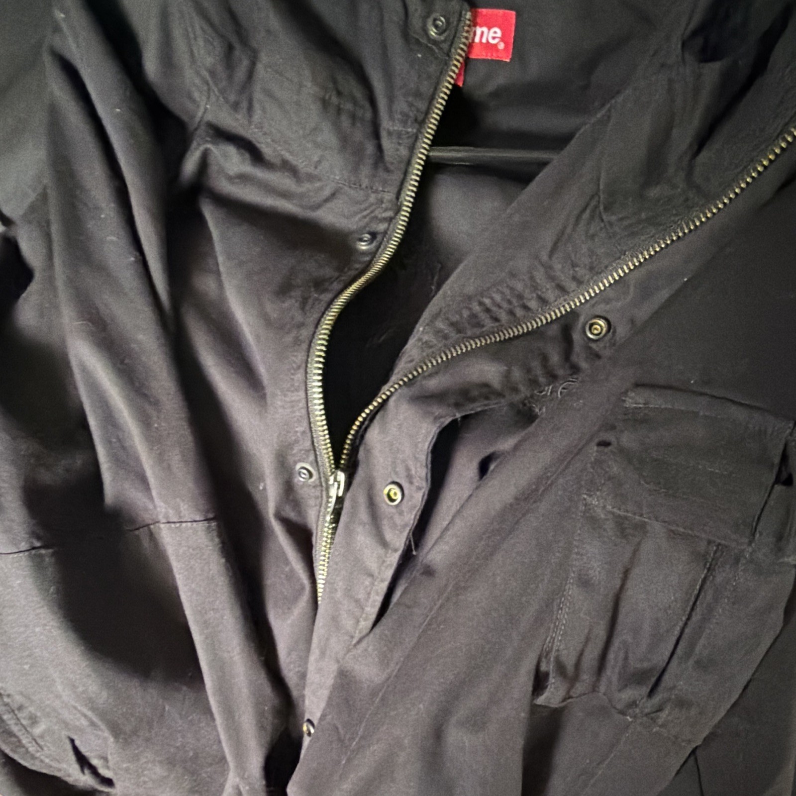 Supreme Men’s Black Hooded Parka Jacket L Zip/Snap Embroidered Logo Pockets