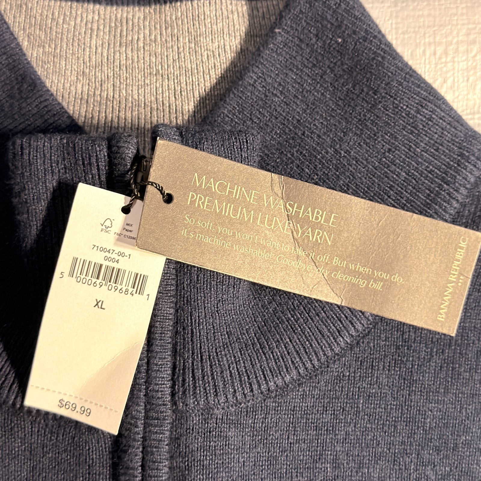 NWT Banana Republic Sweater Mens XL Blue Striped Premium Luxe Yarn 1/4 Zip $70
